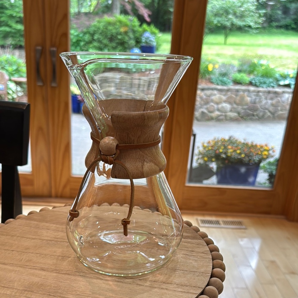 Cream and Brown Coffee Maker with Wooden Collar